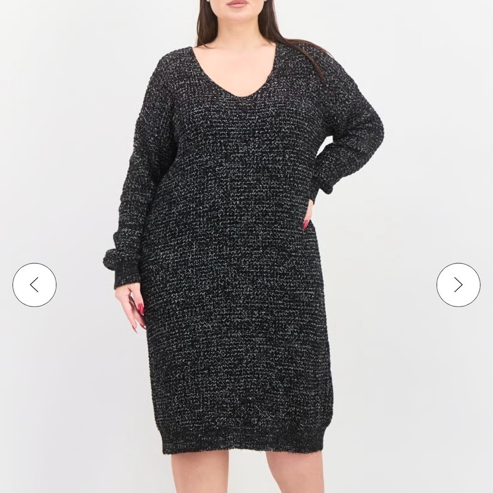 Black Tape Knit Sweater Dress Black White Marled V-Neck Knee Length Plus 1X